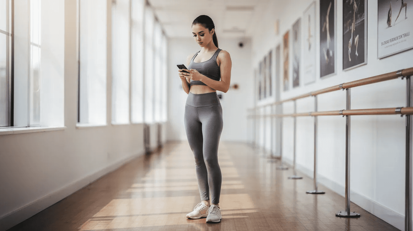 The image shows a young woman standing in a bright dance studio hallway, intently using her smartphone. This scene reflects the importance of effective communication and studio management skills, as she likely engages with clients or manages bookings in a vibrant classroom environment.