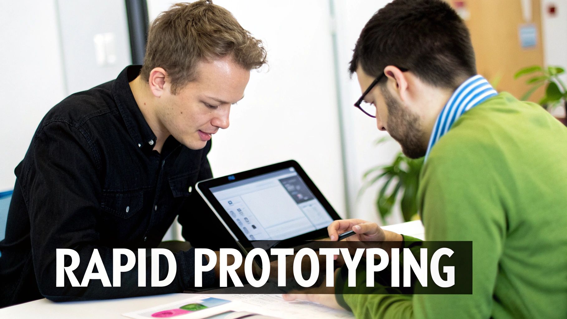 Two developers collaborating on tablet reviewing rapid prototyping design concepts at modern office workspace