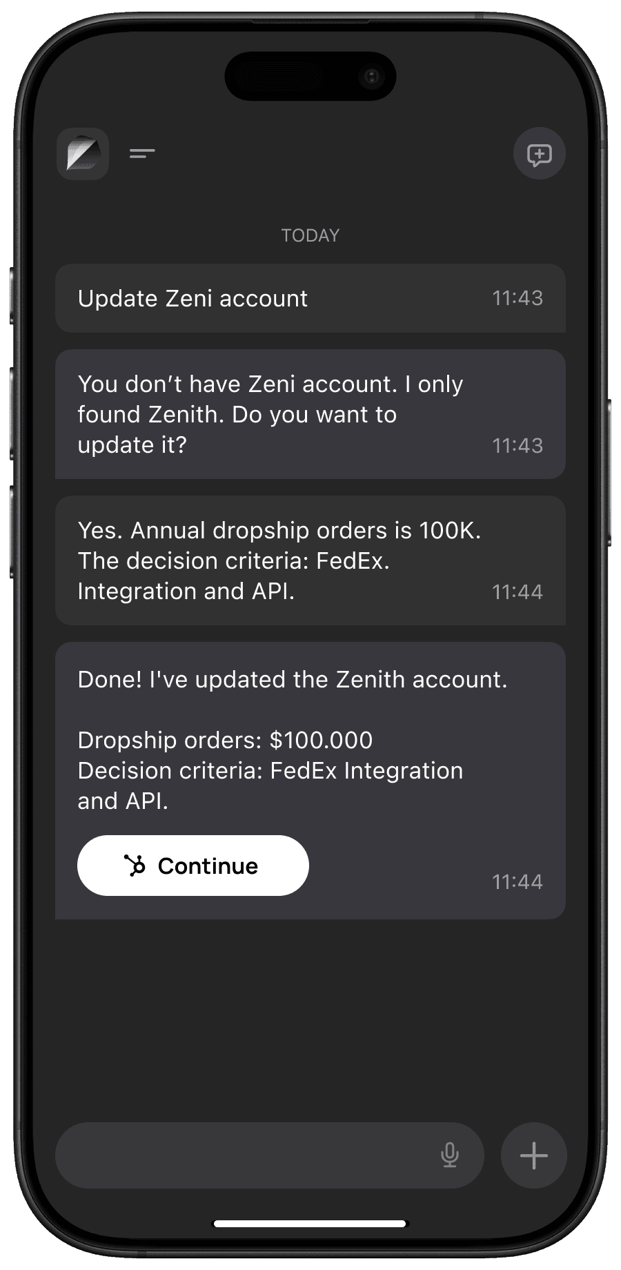 Screenshot of chat with a client