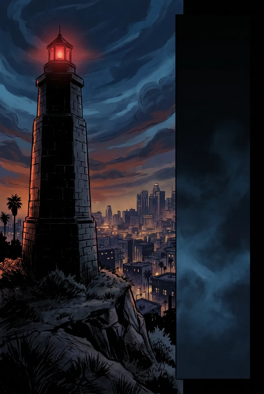 Lighthouse against city skyline at sunset, RockN' Socials Digital Marketing Agency.