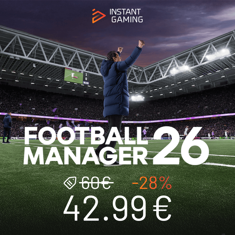 Jaquette officielle du jeu Football Manager 26 sur PC, avec un entraîneur célébrant sur le terrain devant un stade rempli. Promo Instant Gaming à 42,99 €.
