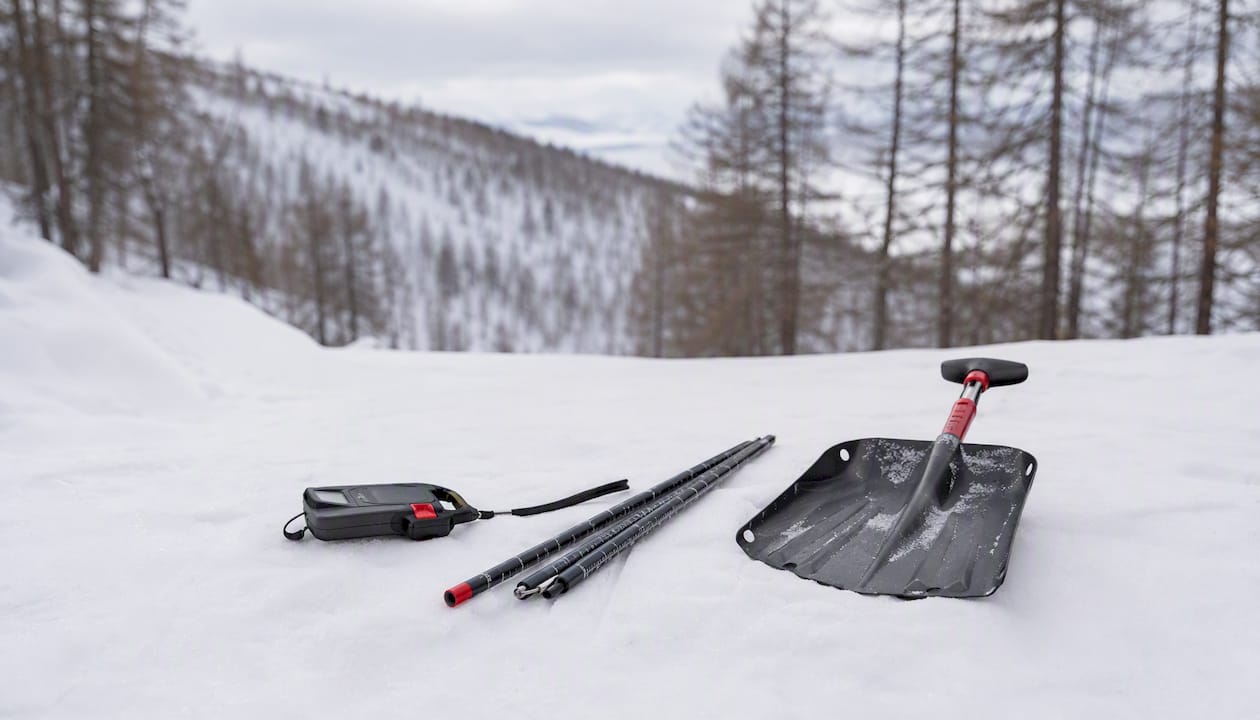 Avalanche rescue equipment arranged on snow