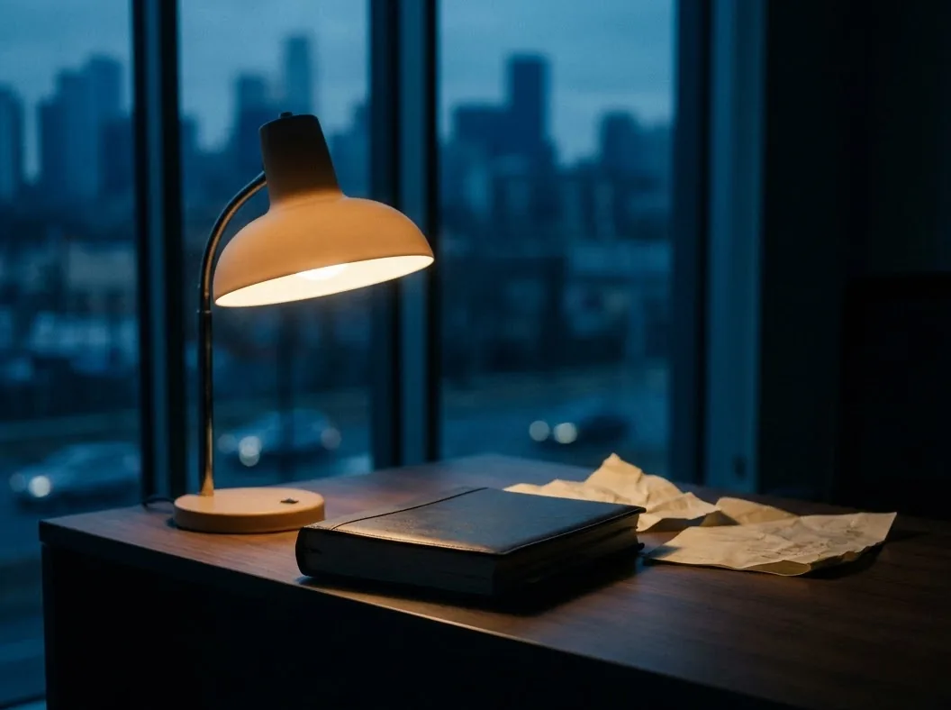 A desk lamp and a closed notebook against a blue city dusk