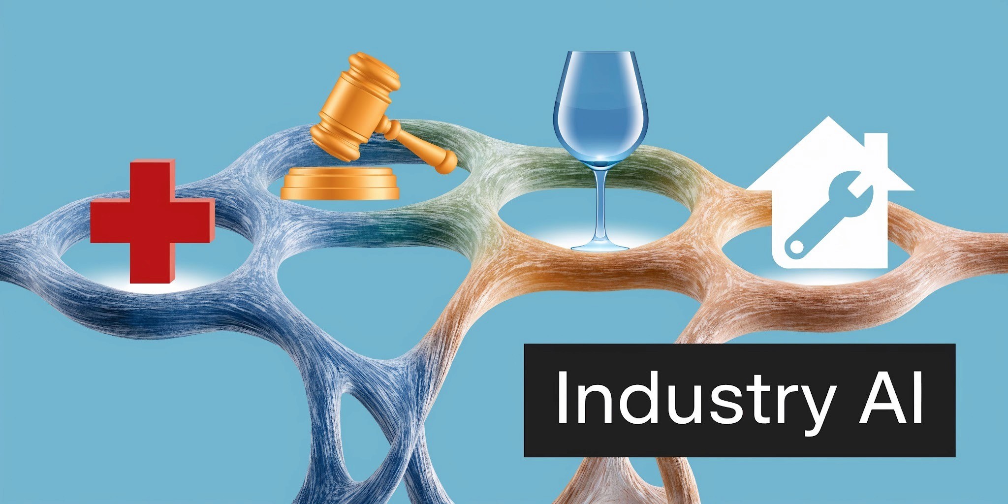 A 3D network structure with icons representing healthcare, law, hospitality, and home maintenance with the text Industry AI.