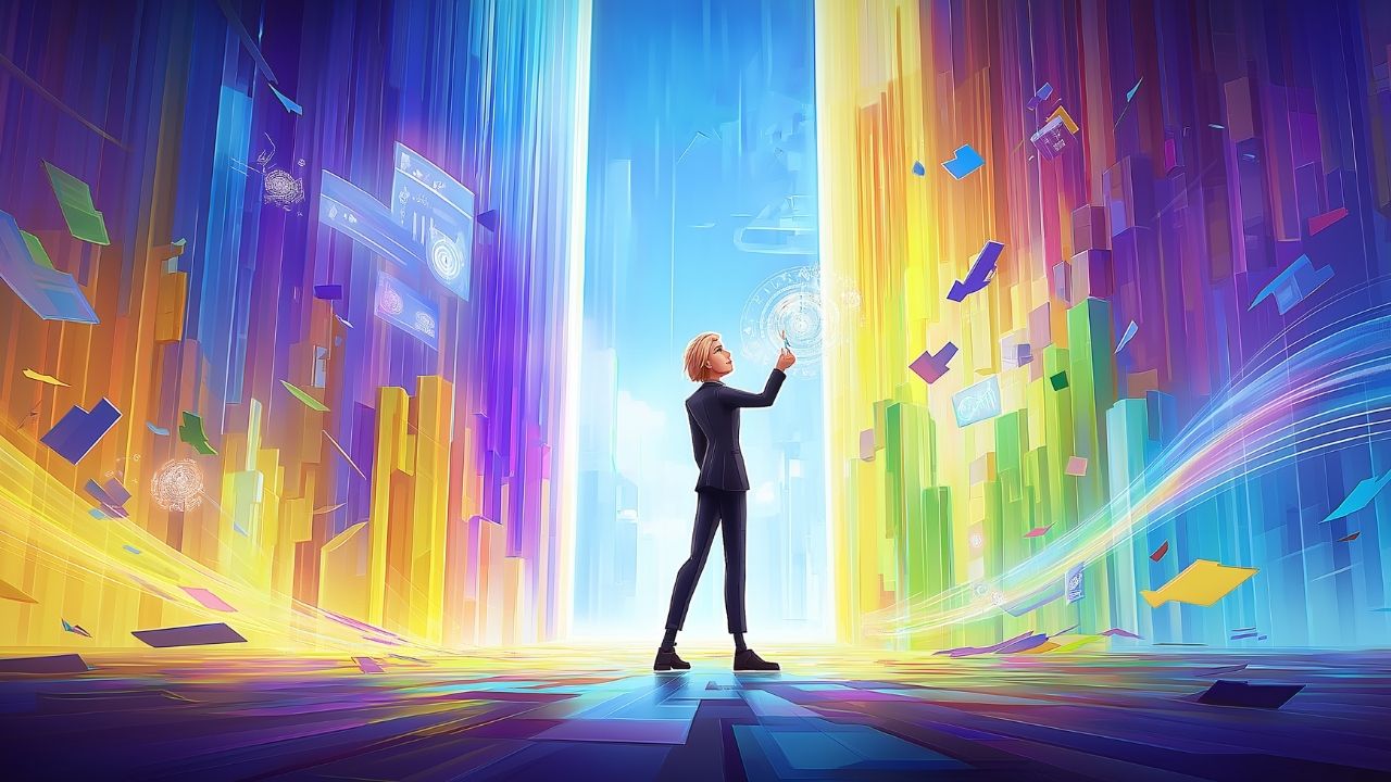 Person in a digital cityscape interacting with futuristic holographic data panels in vibrant colors