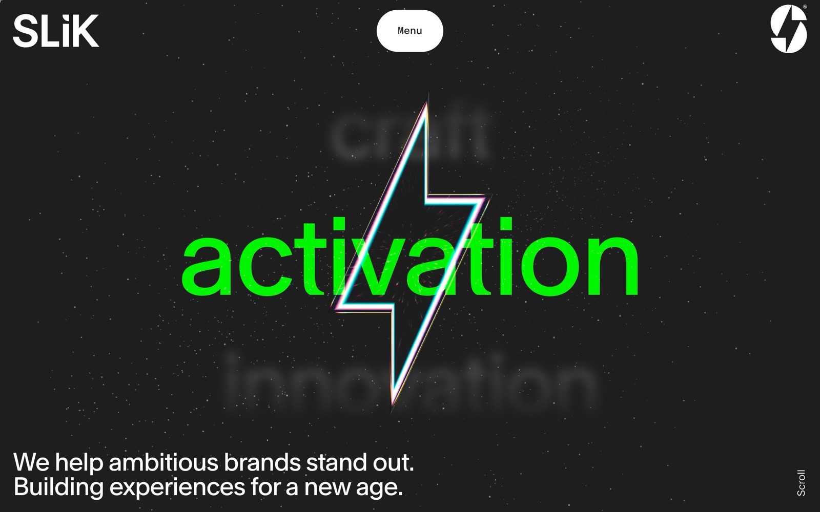Dark background with green "activation" text, a lightning bolt, and blurred words "craft" and "innovation." Text below reads, "We help...