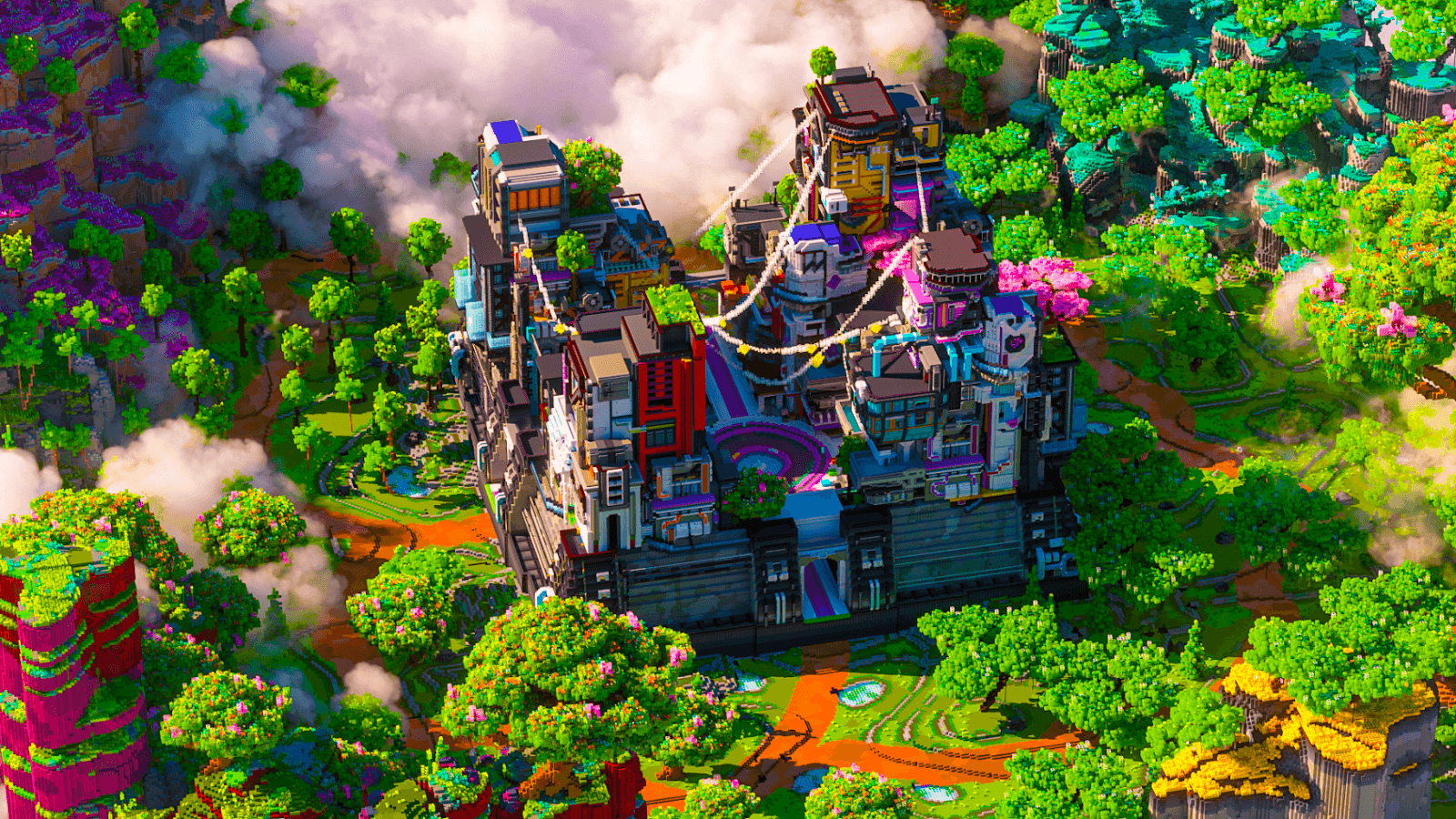 Created by Dexity, a Minecraft service build team that is an official Minecraft partner. a 600x600 cyberpunk 2077 themed spawn that functions as a lobby surrounded by lush terrain in a warzone that contains many regions and biomes