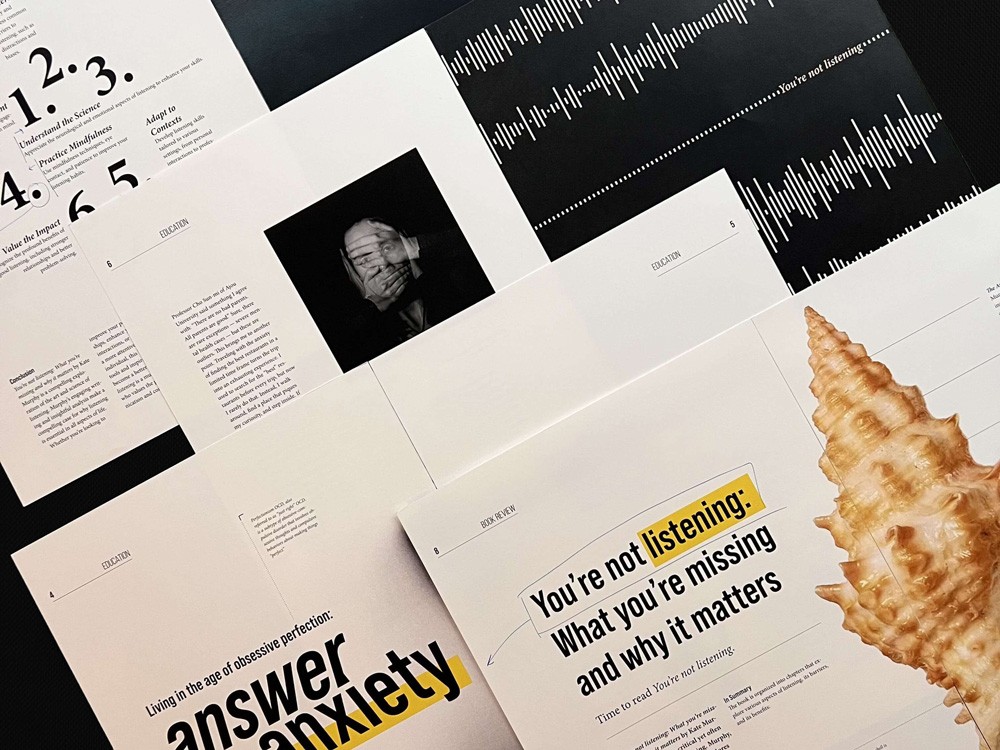 Een compositie van verschillende pagina's uit een tijdschrift. De ontwerpen bevatten sterke zwart-wit contrasten, grote krantenkoppen zoals "ANSWER ANXIETY", een foto van een zeeschelp en grafische elementen zoals geluidsgolven.