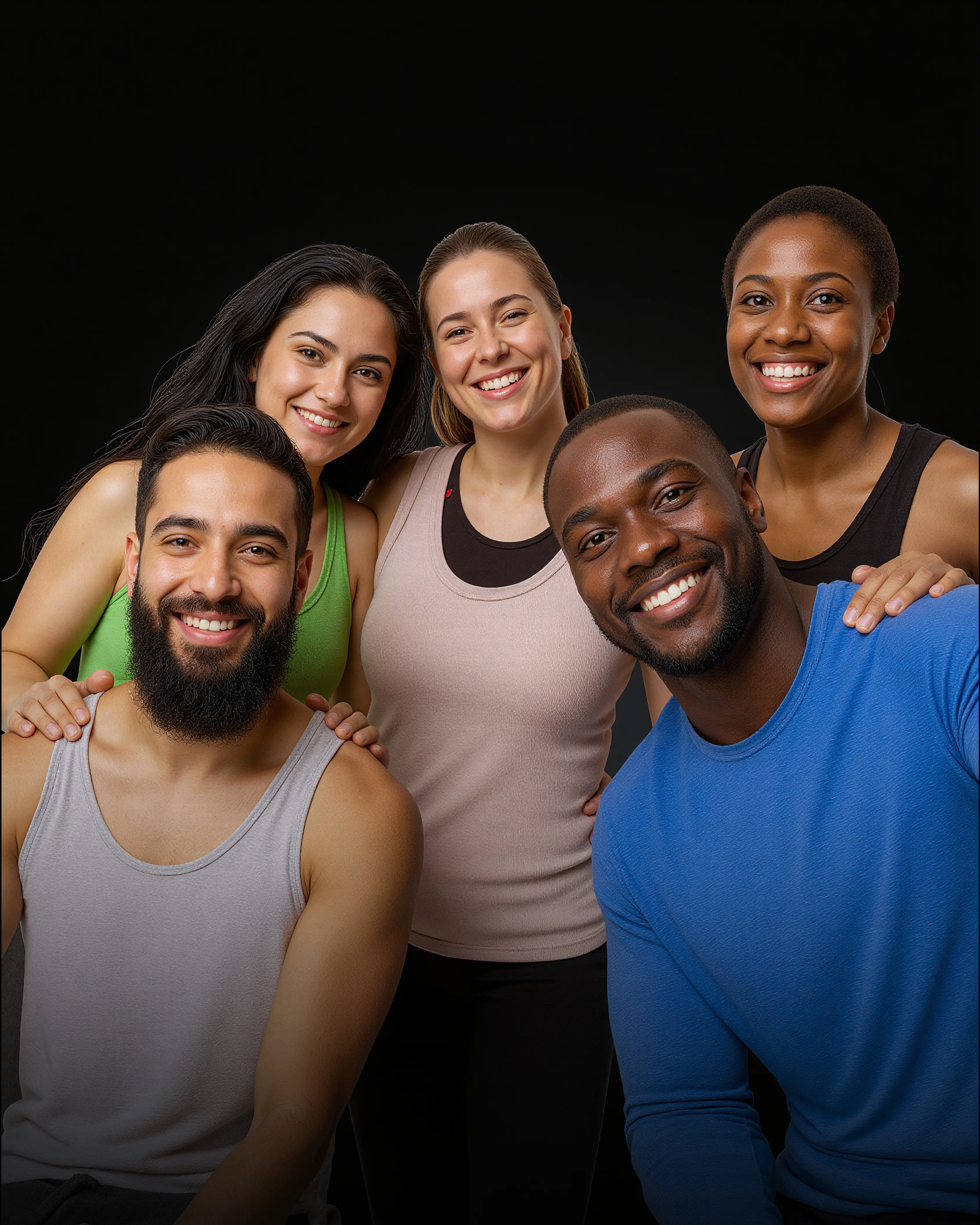 A group of diverse people smiling, possibly after a workout or fitness activity, looking directly at the camera. 