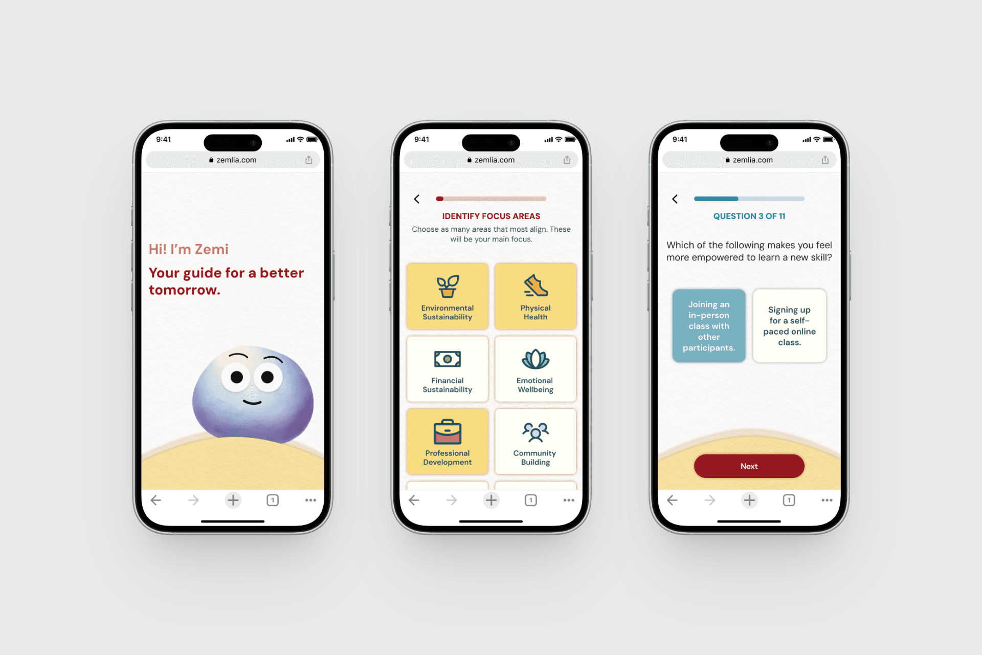 Three smartphones display a self-improvement app. The screens show an introduction, a focus area selection with icons, and a skill empowerment question.