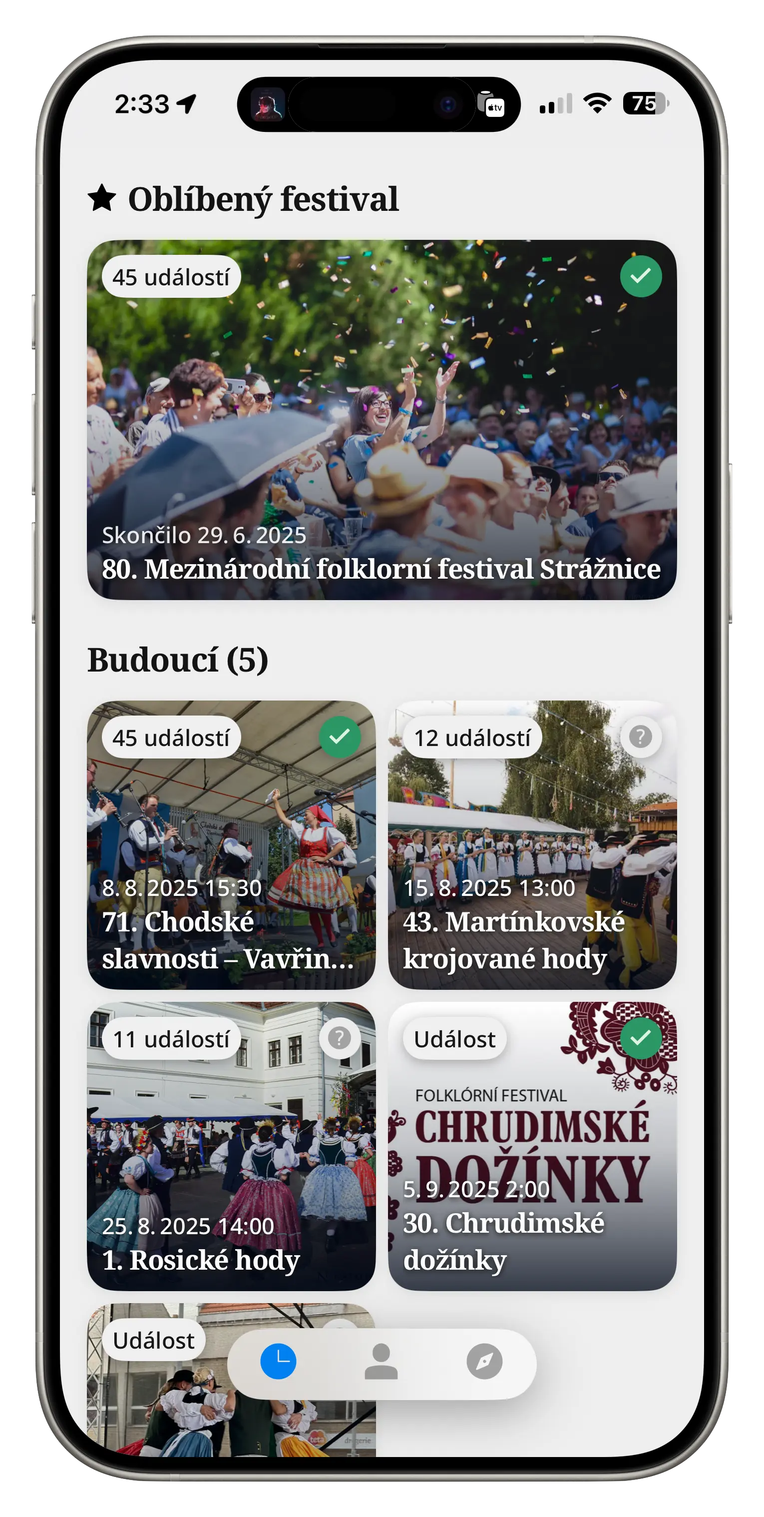 Screenshot aplikace FOLKLORE se seznamem folklórnich festivalů a událostí