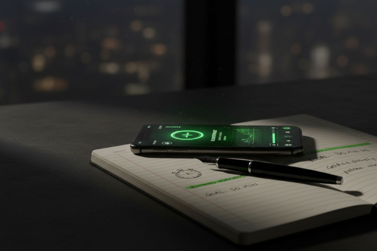 Smartphone workout app next to notebook