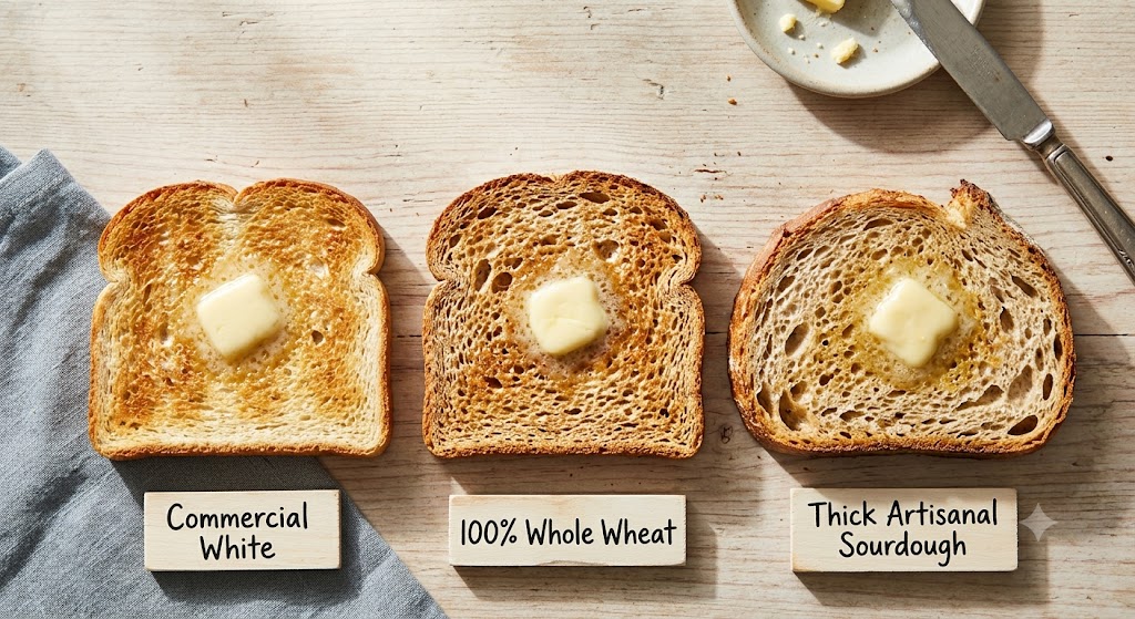 Top-down view of three thick slices of toasted white, whole wheat, and artisanal sourdough bread with melting butter on a light wood grain surface, demonstrating varying crust and crumb textures.