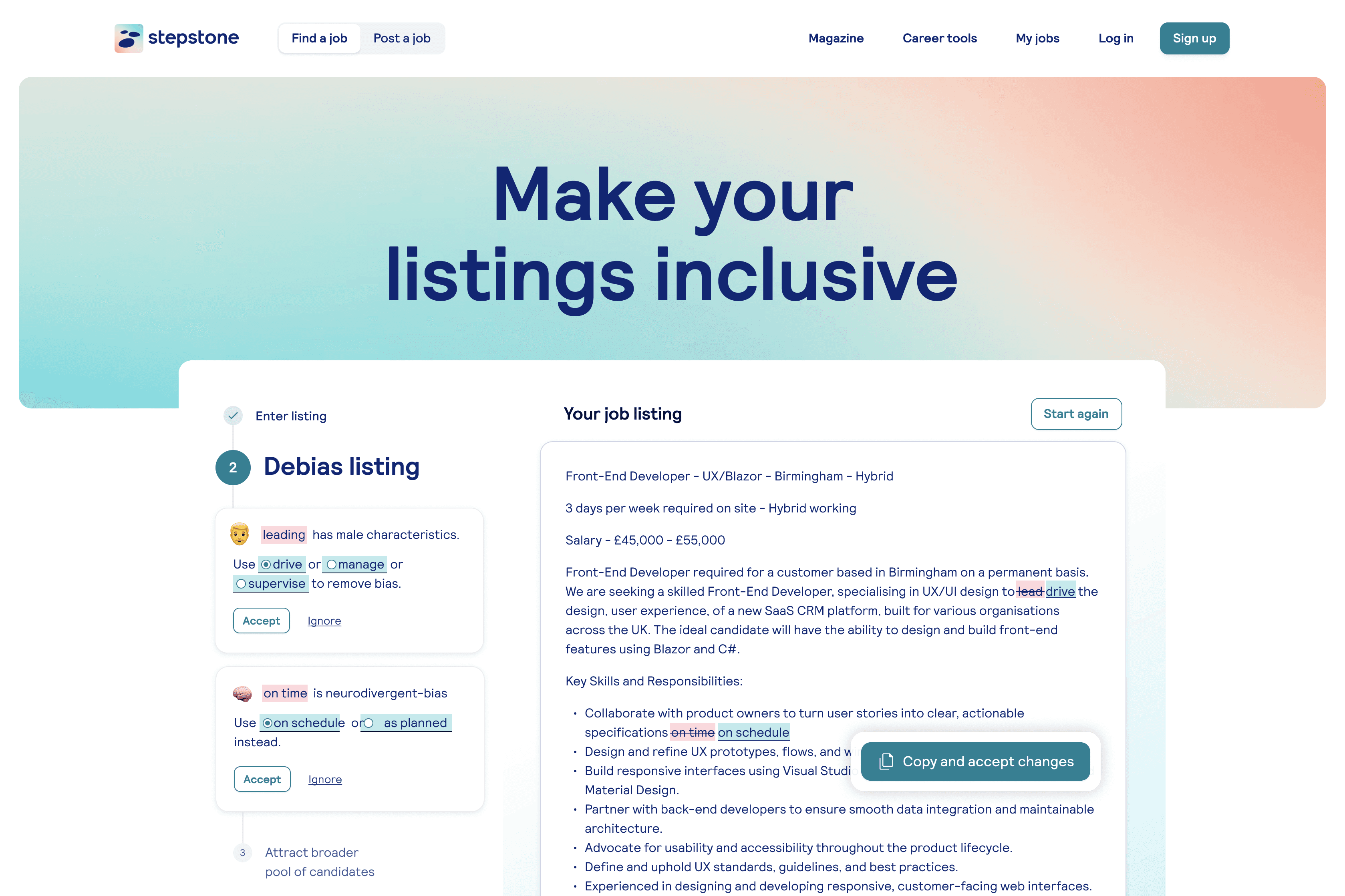 Interface with title “Make your listing inclusive” with a big input field with a job listing in it. In the sidebar there are cards with the biased words and their replacements