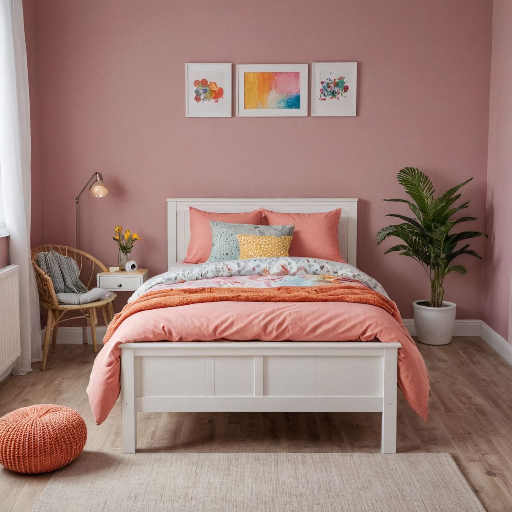 Single bed in a pink bedroom, furniture photo made with Caspa AI