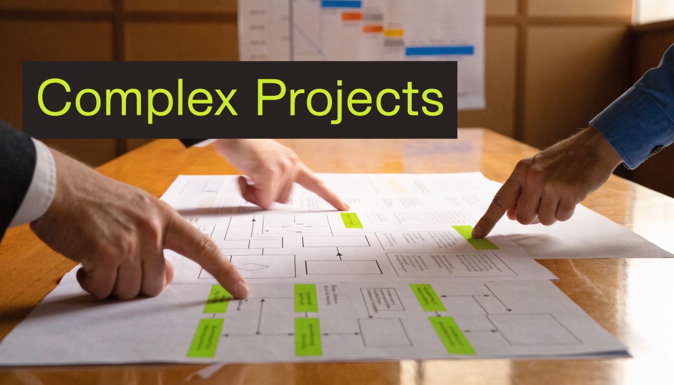 Two business professionals collaborating while reviewing a complex project workflow chart on a conference table.