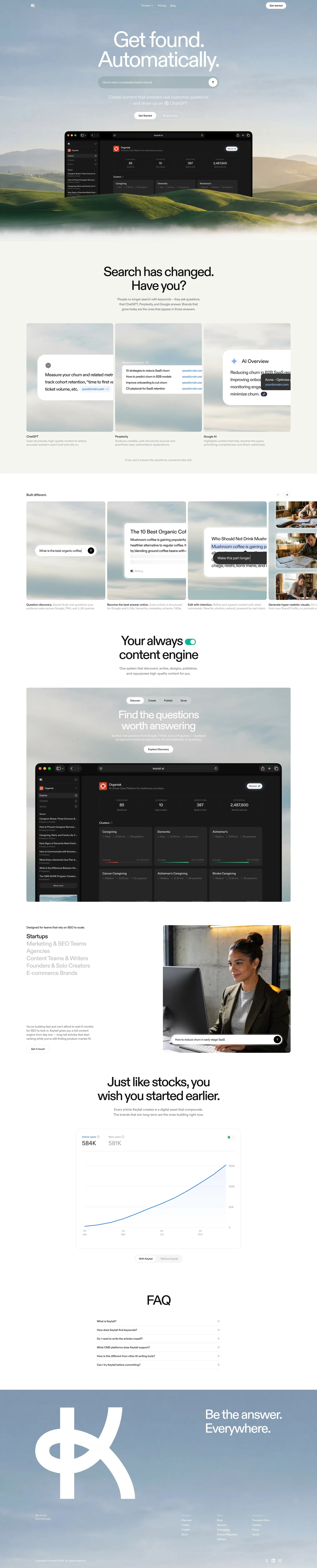 Keytail – Be the Answer Everywhere Peopl landing page screenshot showcasing AI and Tech design