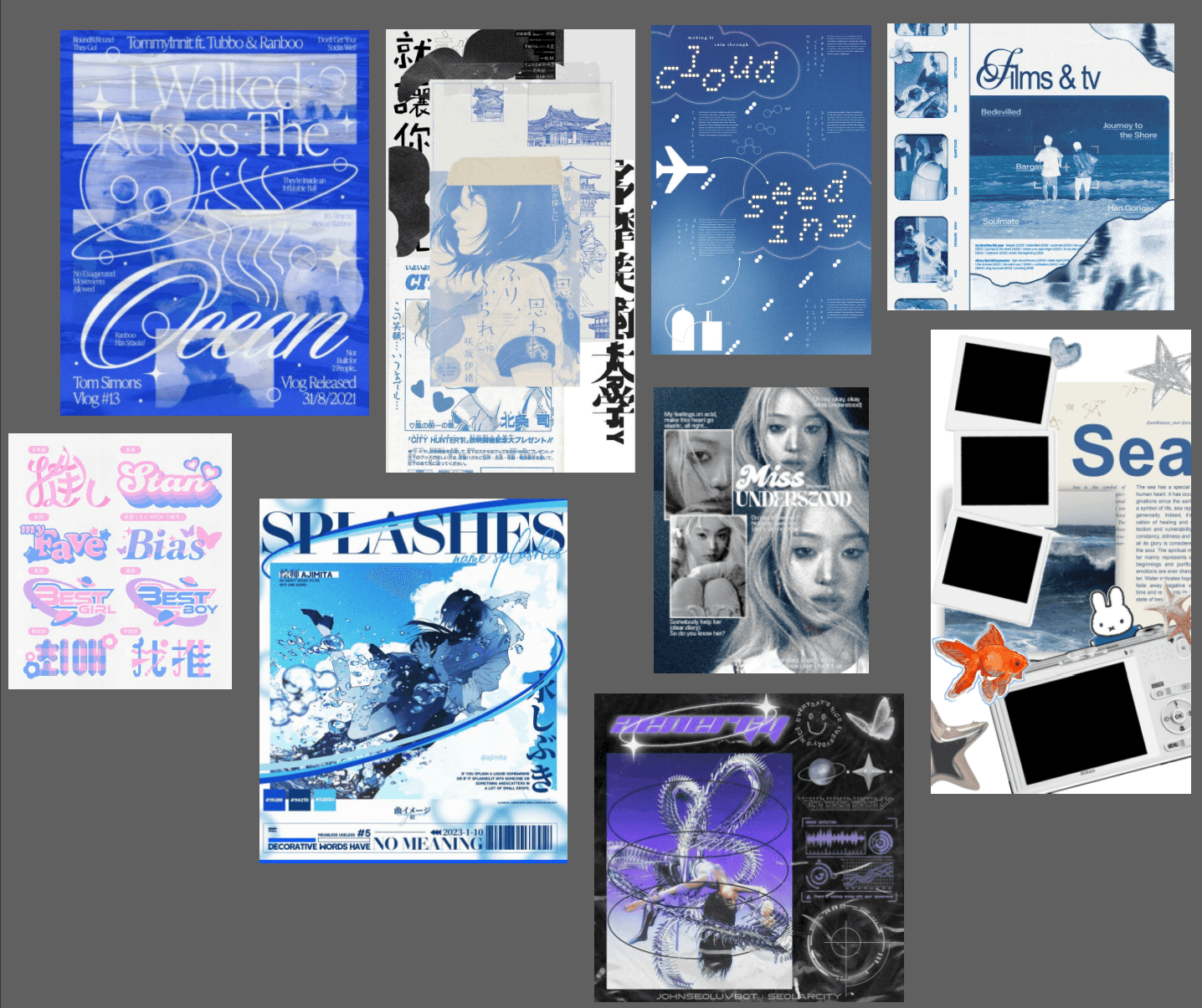 Collection of inspiration poster designs from Pinterest. They are predominantly blue and feature water imagery.