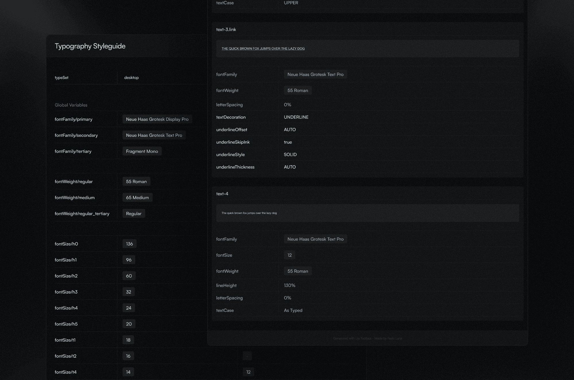 Typography styleguide displaying global font variables and detailed text style properties.