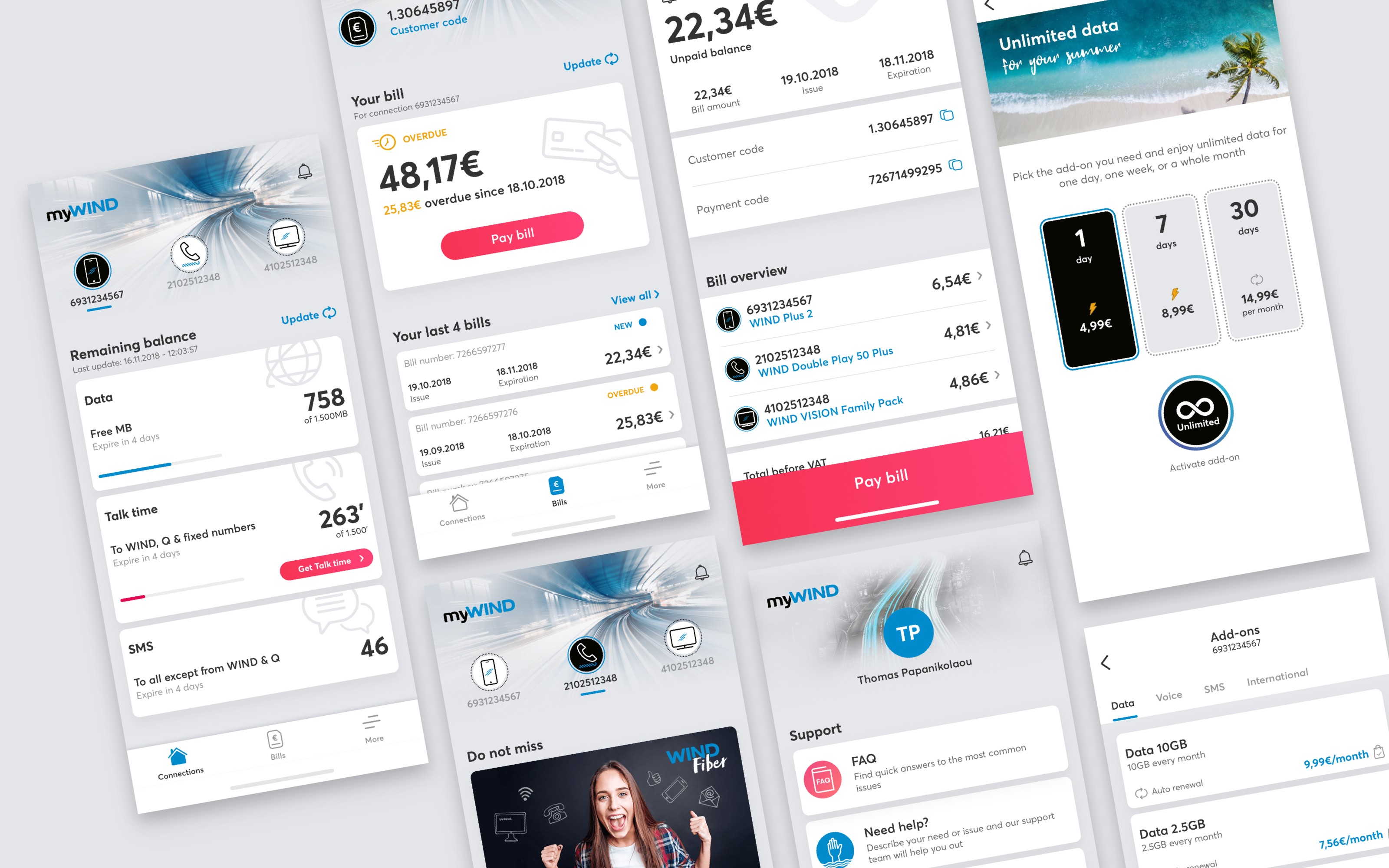 NOVA customer portal displaying responsive mobile dashboard, bill summary, and featured add-ons