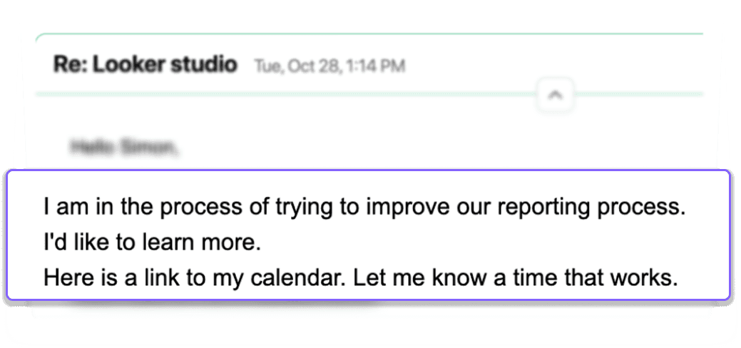 Re: Looker studio, "I'd like to learn more. Here is a link to my calendar."