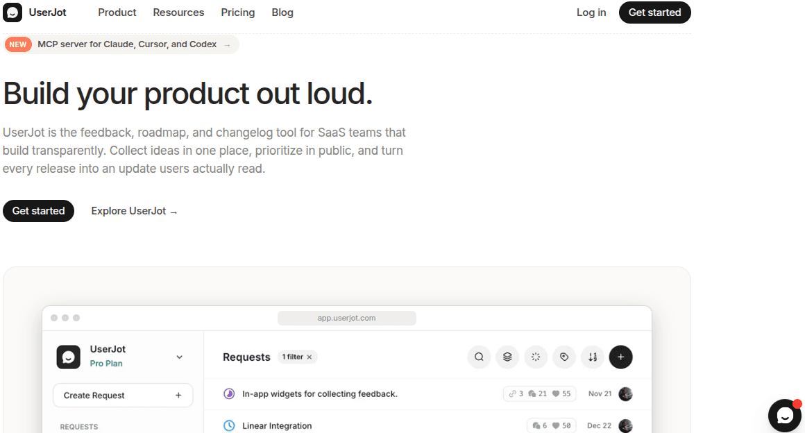 UserJot homepage with headline 'Build your product out loud,' describing it as a feedback, roadmap, and changelog tool for SaaS teams."