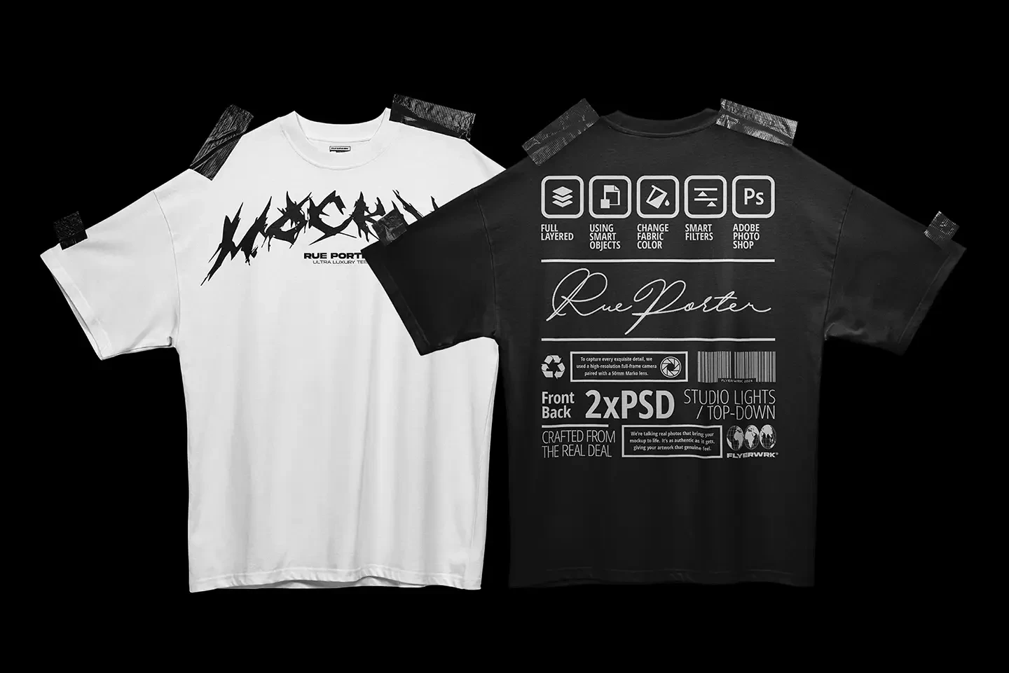 Rue Porter T-Shirt taped mockup front and back view with customizable design