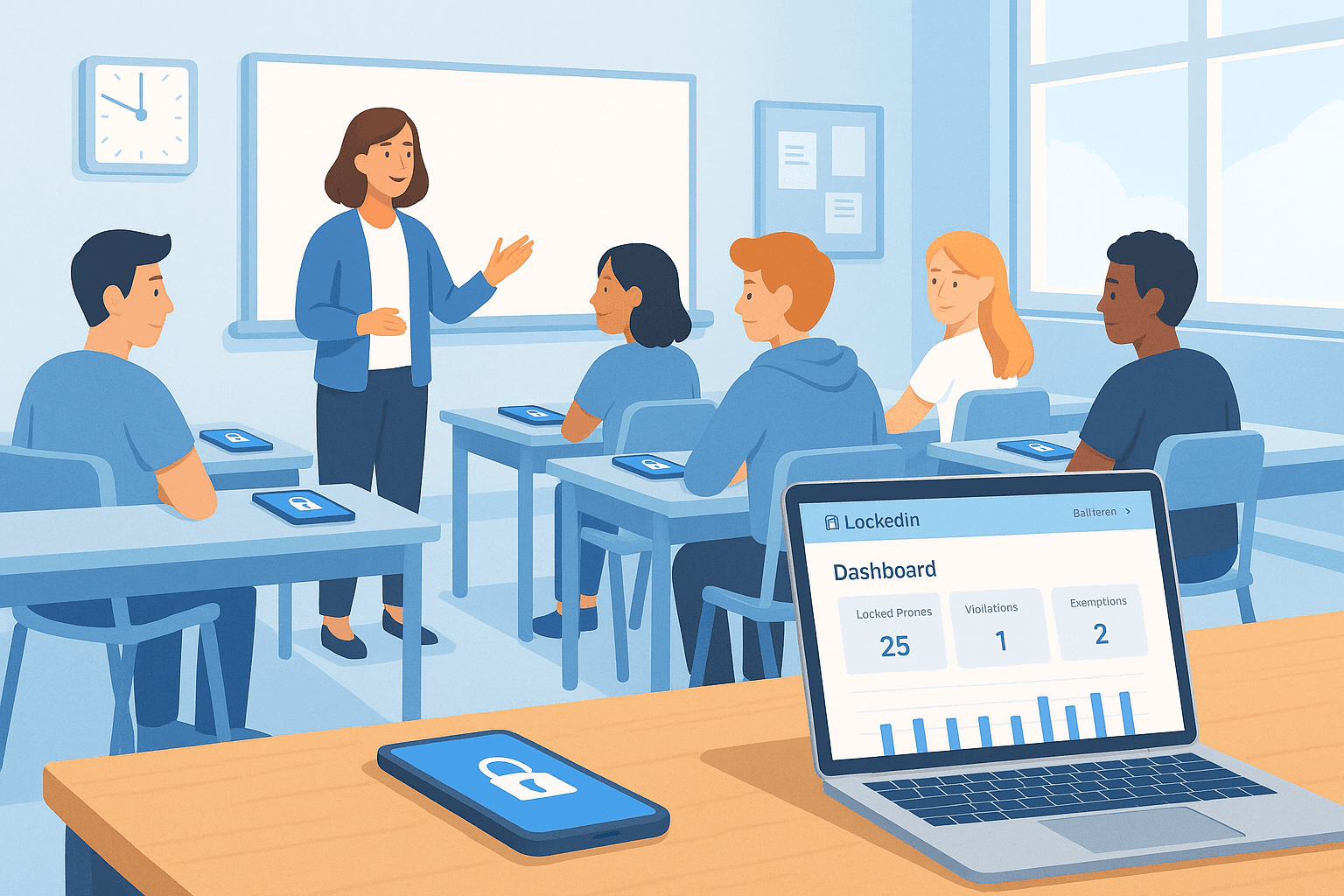 High school classroom of engaged students with locked phones and a teacher viewing the LockedIn dashboard on a laptop.