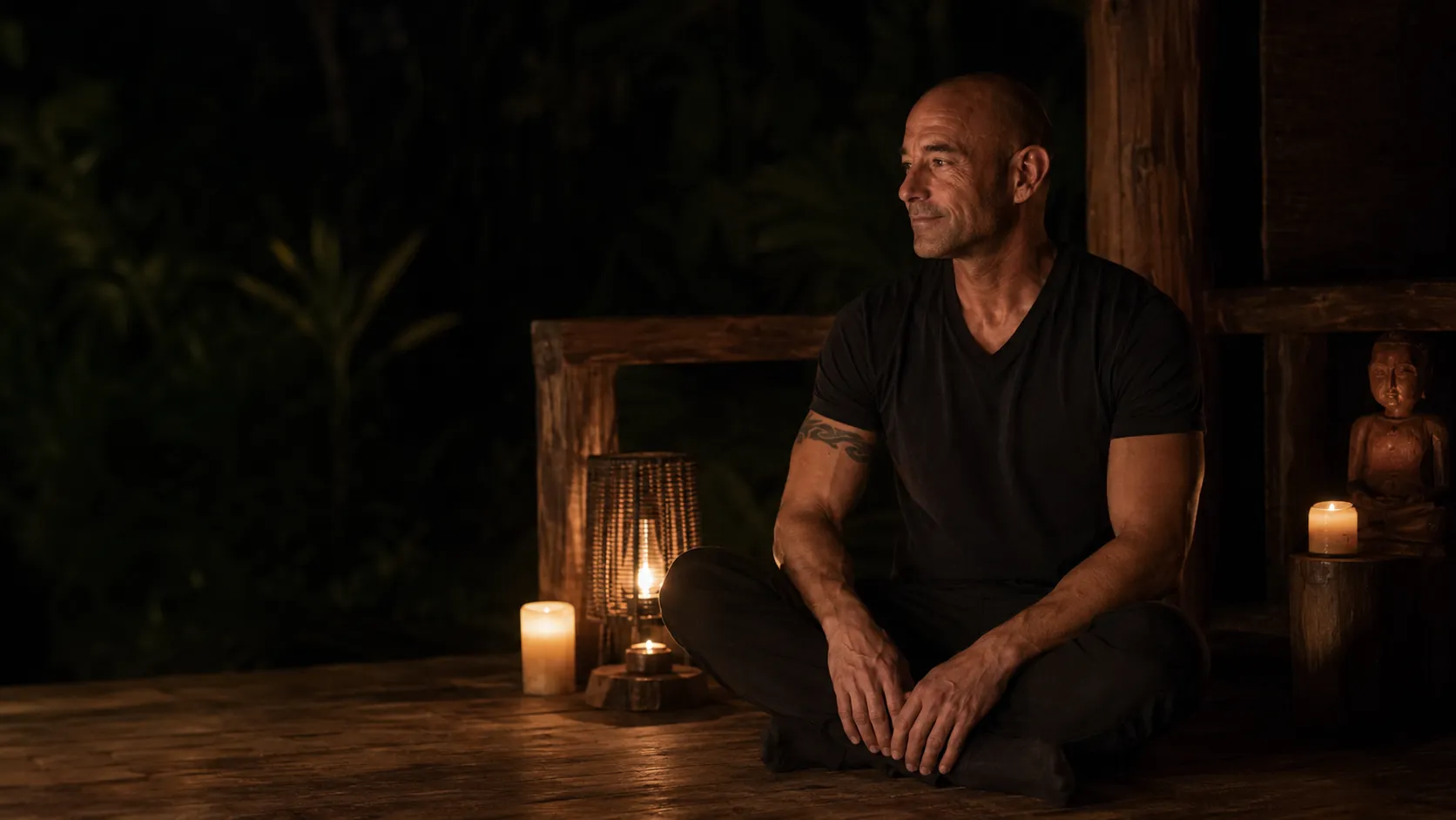 Man seated on a candlelit wooden veranda surrounded by jungle foliage