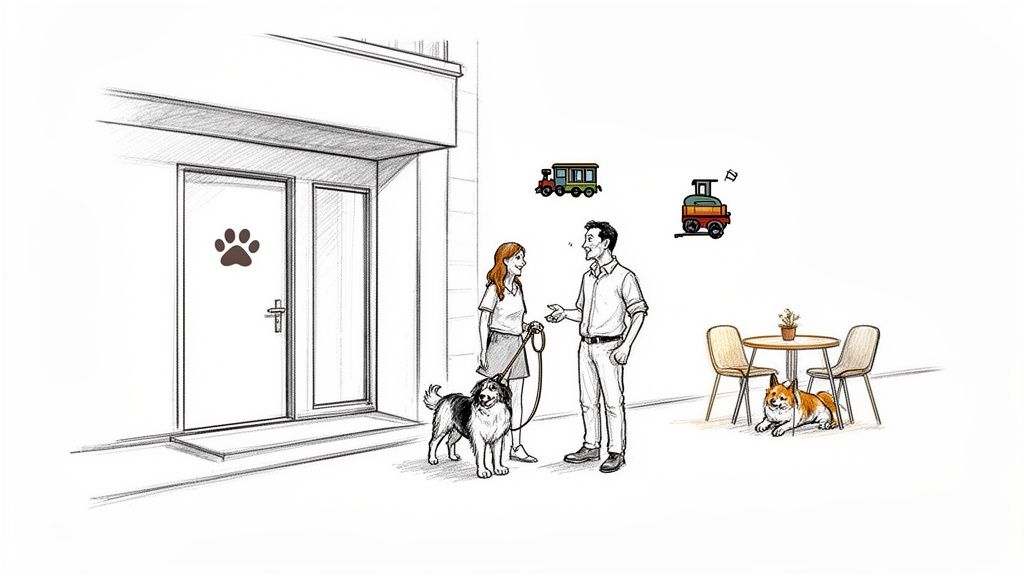 A couple and their dog by a pet shop, while another dog rests under a cafe table.