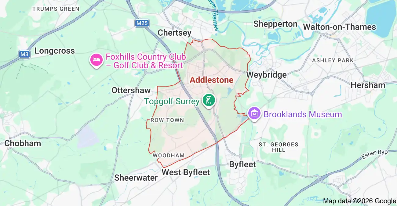 Map showing Addlestone, Surrey, with surrounding towns.