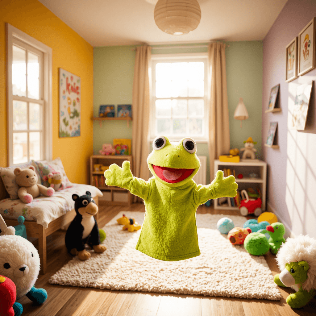 product photography of frog hand puppet