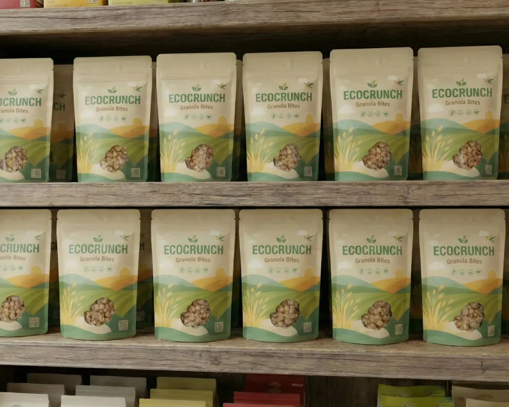 Rows of EcoCrunch Granola Bites bags neatly organized on a wooden retail shelf to showcase brand visibility.