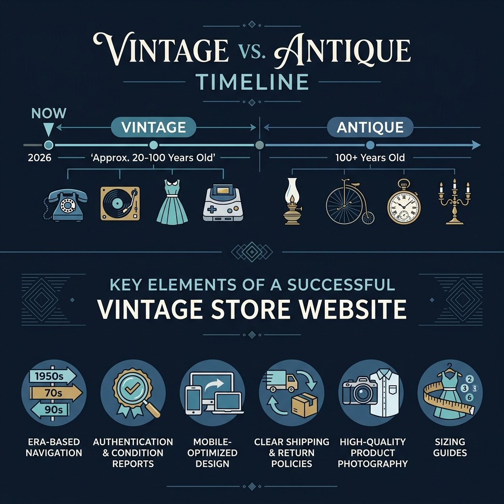 Infographic showing vintage vs. antique timeline and key elements of a successful vintage store website - vintage store