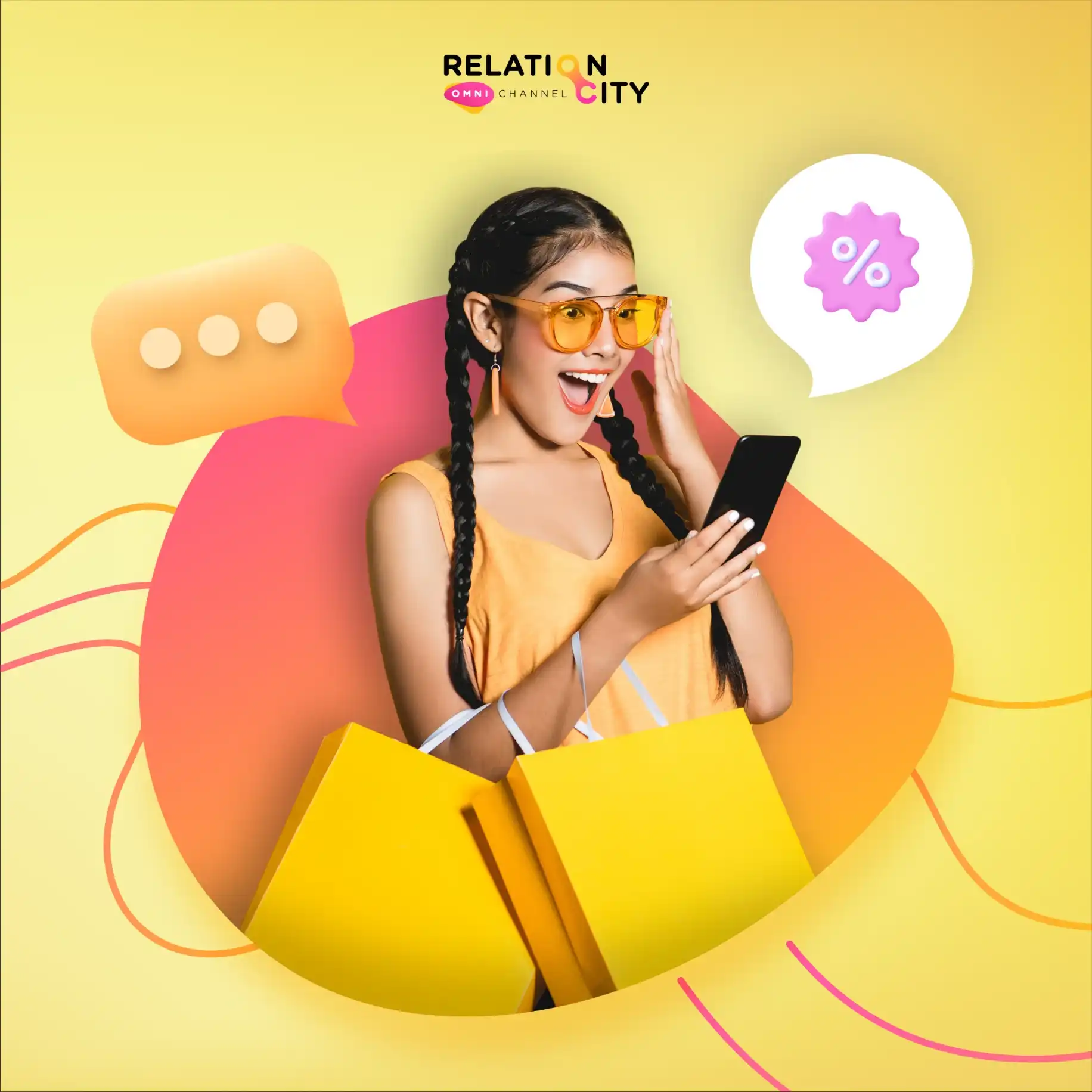 Visning af Sociale medie grafik der viser en kvinde i en organisk form som får en besked om shopping tilbud