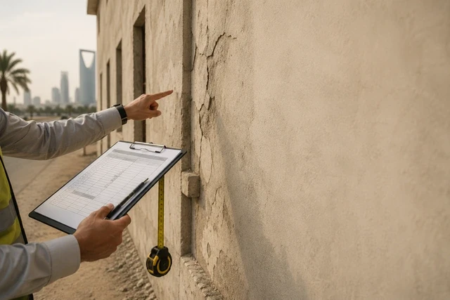 مهندس يفحص جدارًا في مبنى قائم بالرياض ويسجل ملاحظات على لوحة تقرير فني