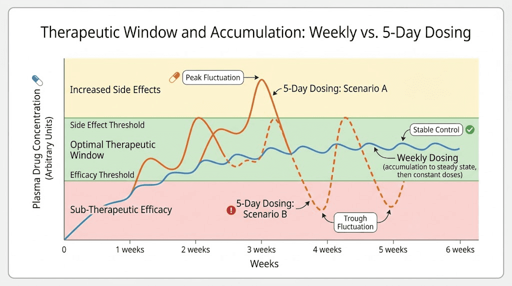 Therapeutic window for tirzepatide showing safe concentration range versus accumulation from different dosing intervals