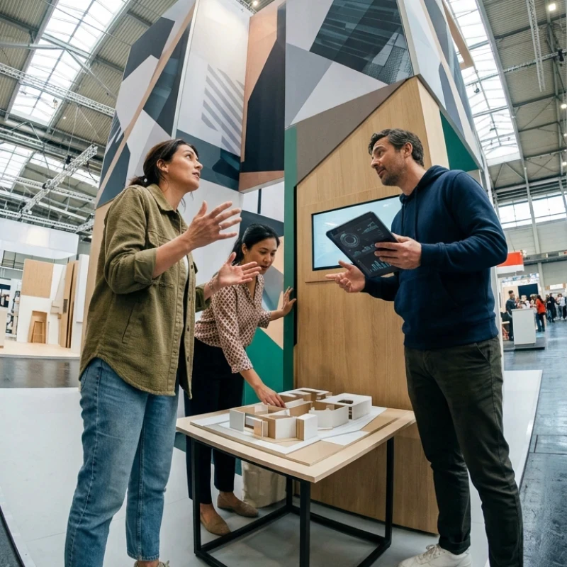 Équipe de consultants en atelier collaboratif analysant des maquettes de structures et des planches de tendances sur une table de travail, illustrant notre expertise en Stratégie de contenus et design d’espace pour concevoir des environnements immersifs et cohérents.