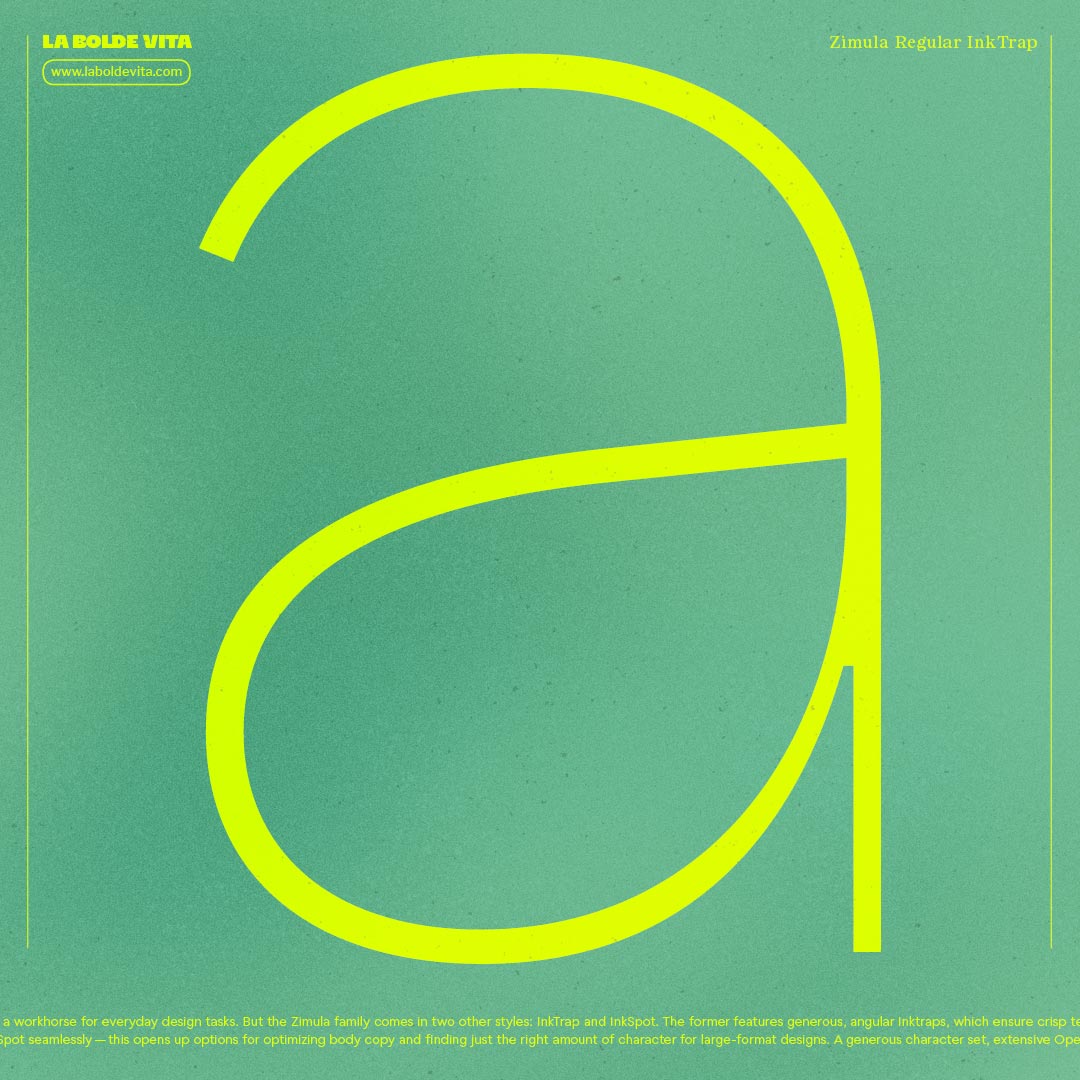 a big bright neon green "a" set in Zimula InkTrap in front of a darker noisy green