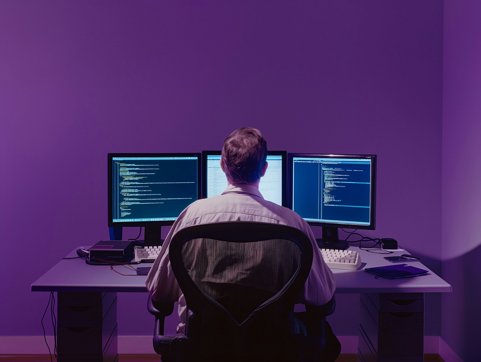 The image features a man sitting at a desk, viewed from behind, facing two large, side-by-side computer monitors which display lines of code.