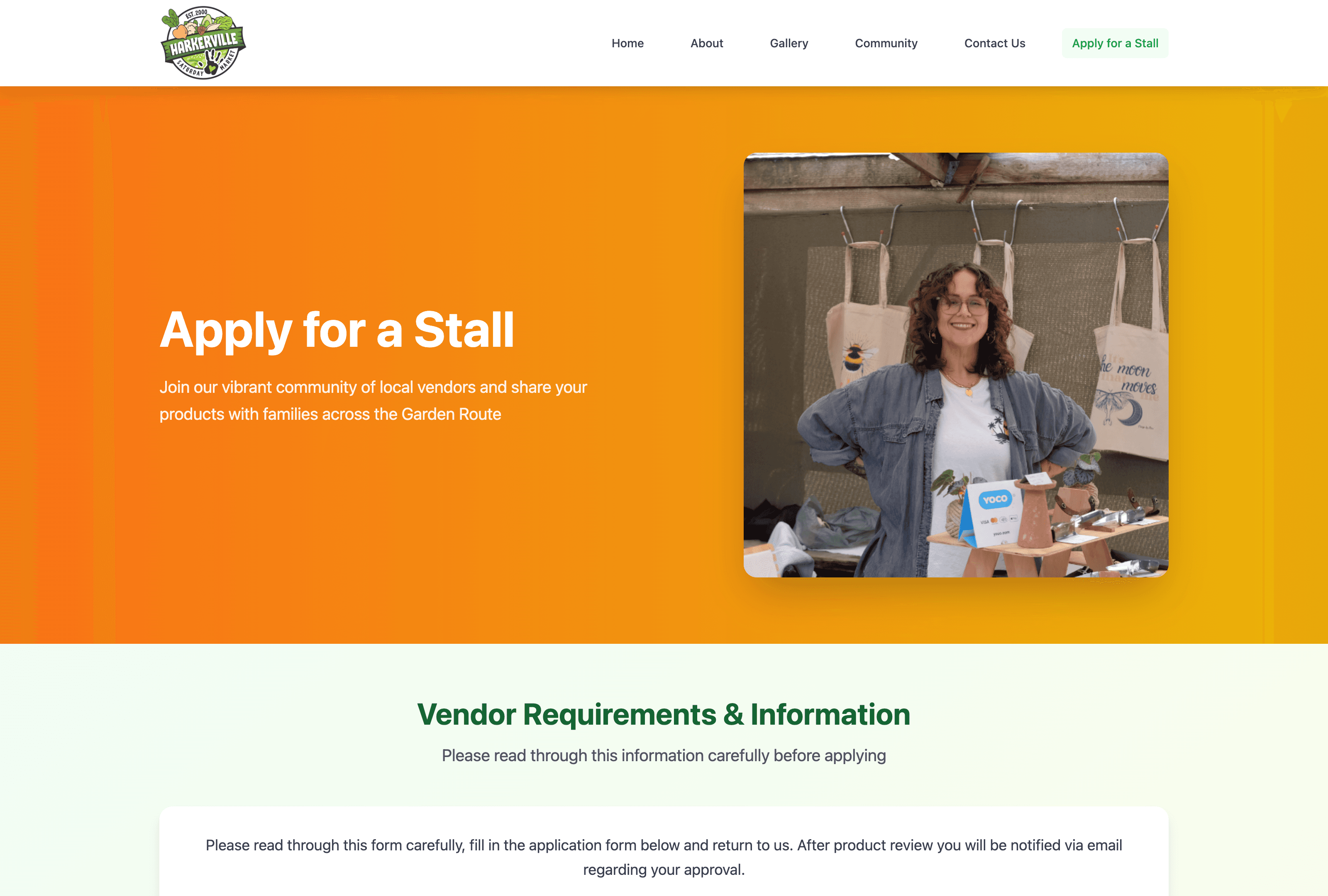 vendor application page of the Harkerville Market website