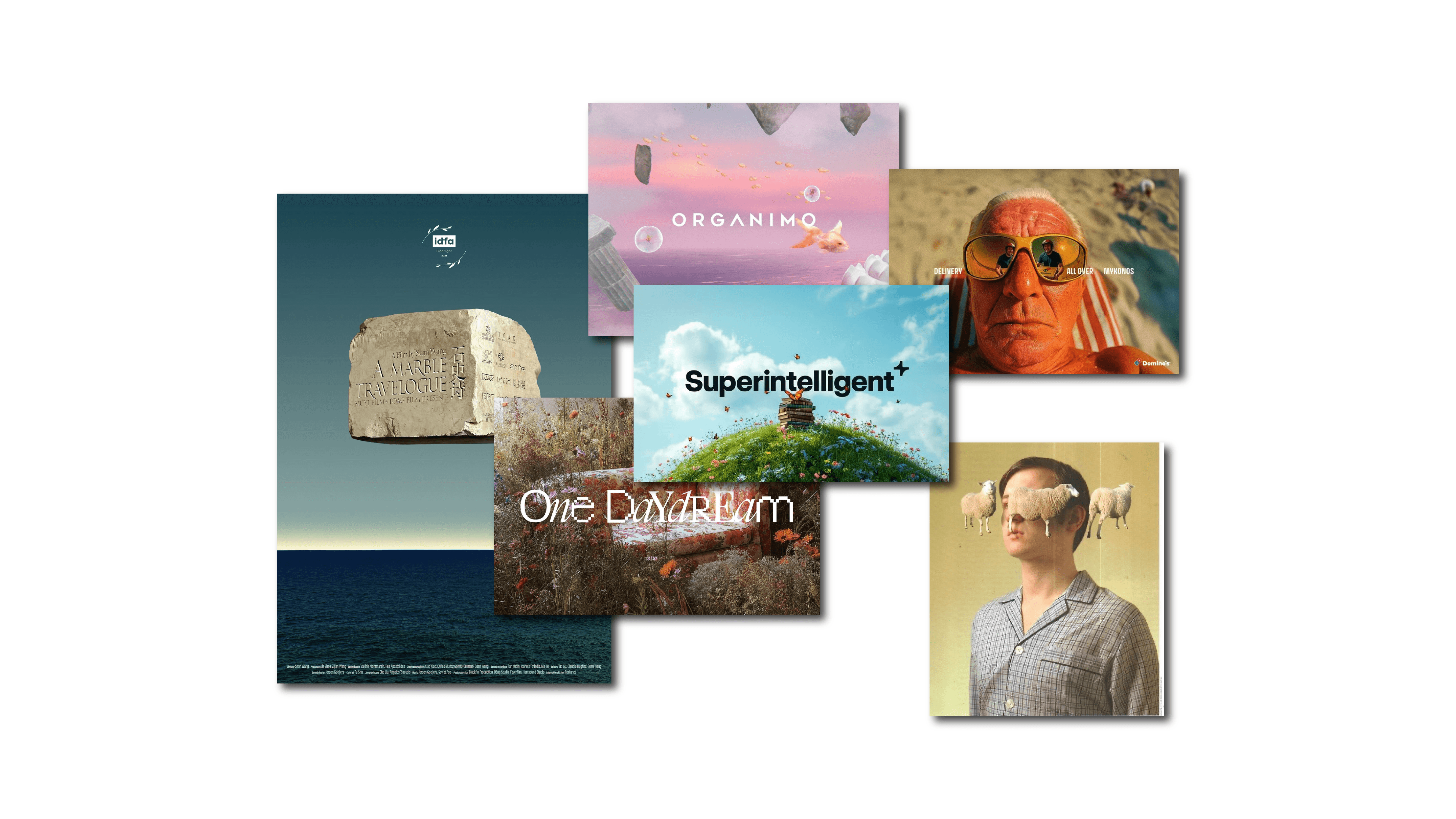 Collage of surreal visuals including floating objects, altered portraits, and AI-generated scenes.