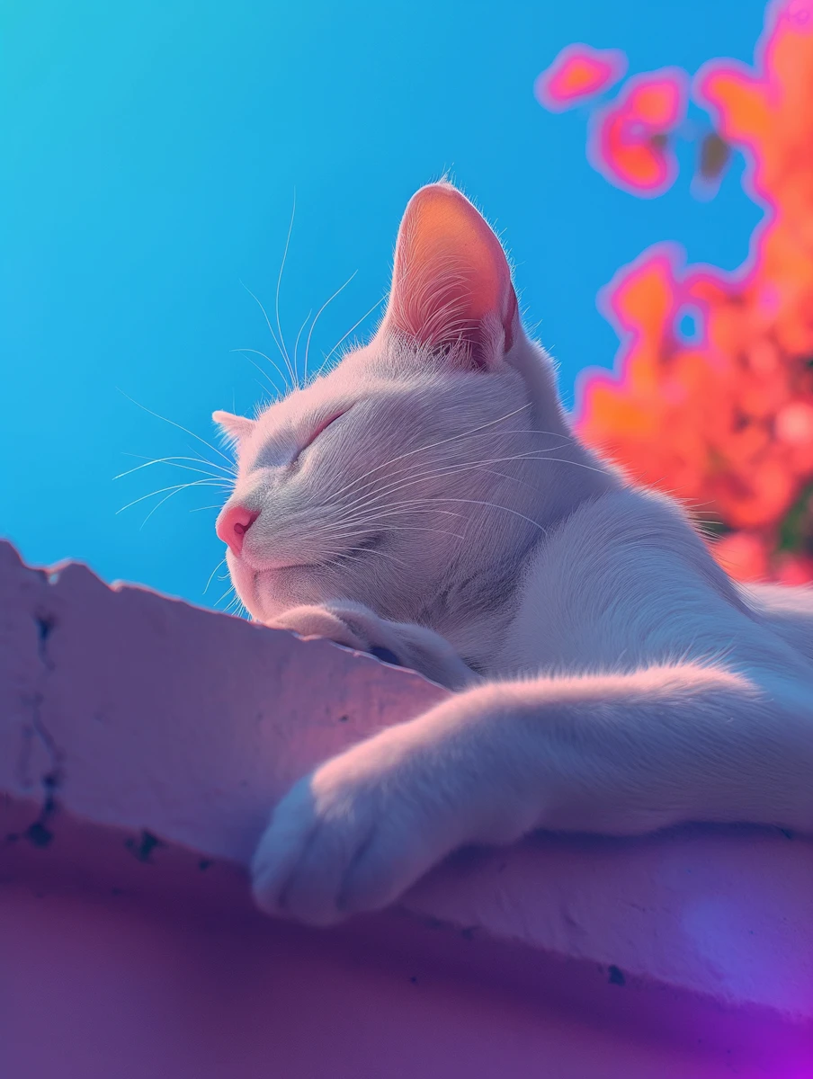 Minimalist portrait of a white sleeping cat in vibrant lighting.