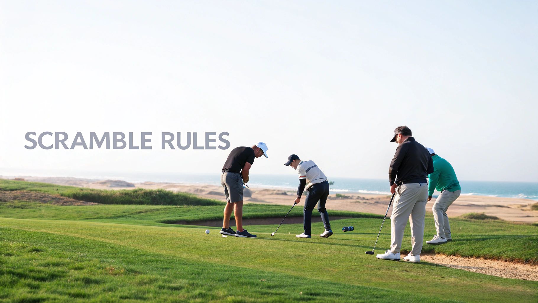 Four golfers on a green putting, with the ocean and dunes in the background, text reads 'SCRAMBLE RULES'.