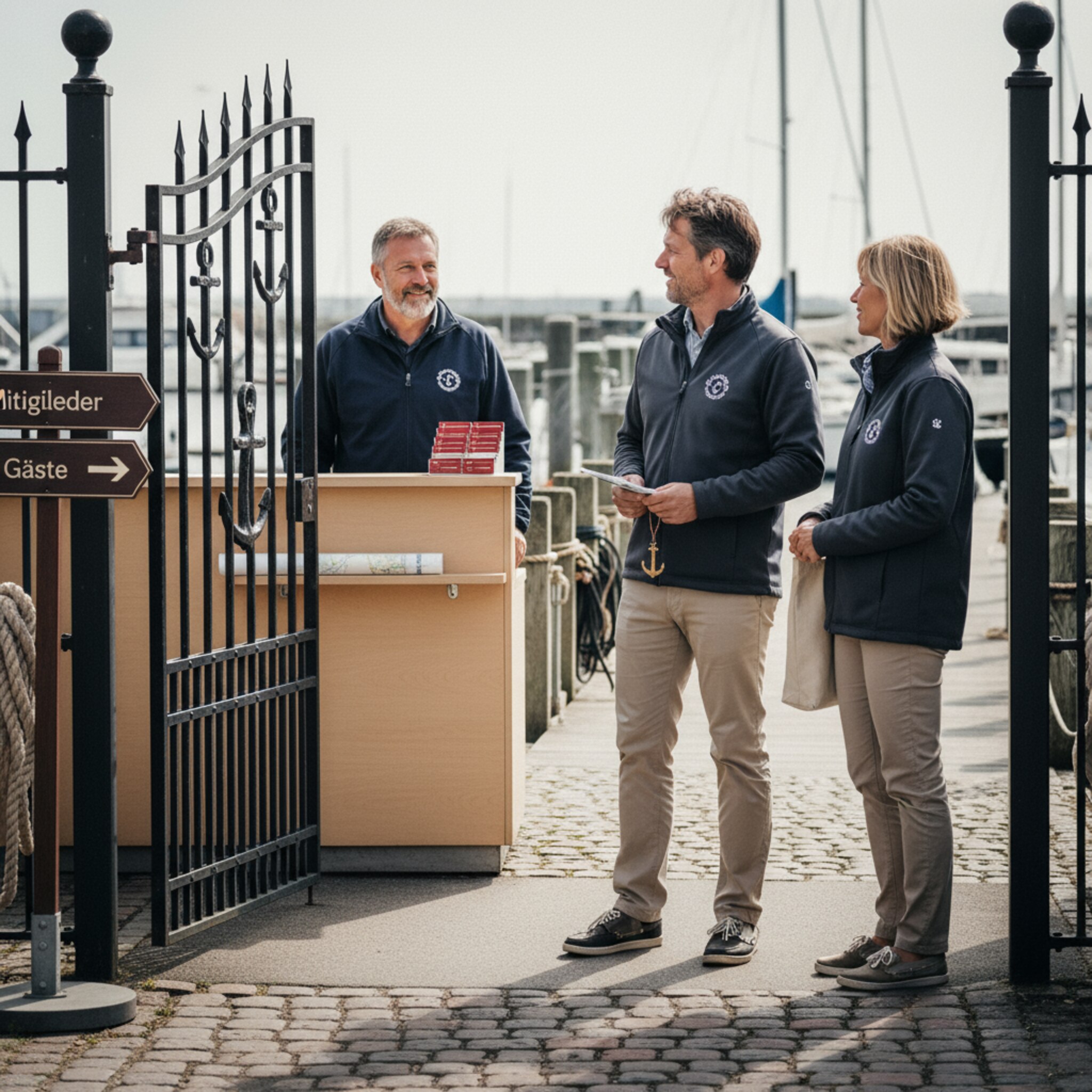 Am Clubtor begrüßt ein Betreuer zwei Mitglieder in Vereinsjacken. Ein dezentes Schild weist auf Mitgliederbereich und Gastbereich hin. Ein Stapel sauber sortierter Ausweise liegt im Büro bereit. Ruhige, freundliche Szene mit klaren Zugehörigkeiten.