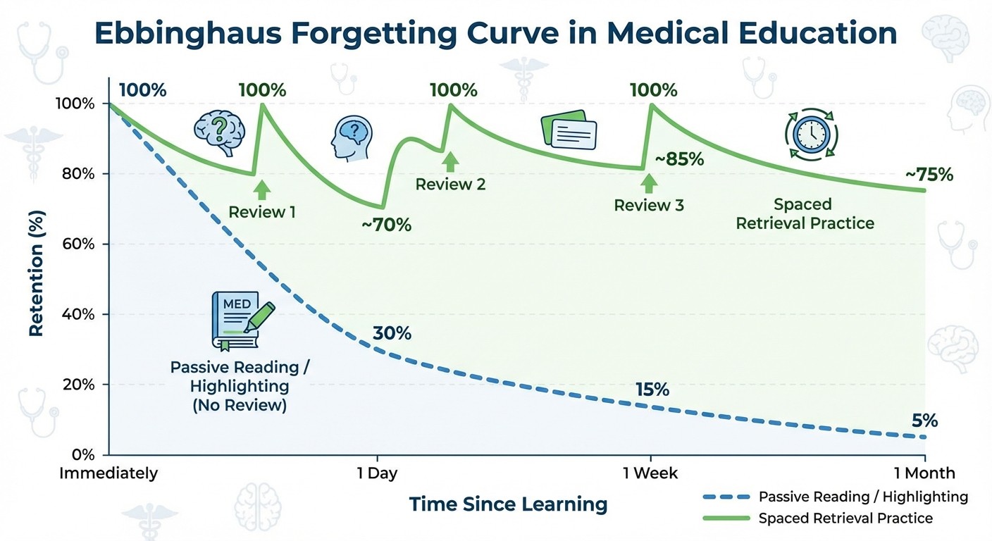 Ebbinghaus Forgetting Curve - Passive Reading vs Retrieval Practice for Medical Students