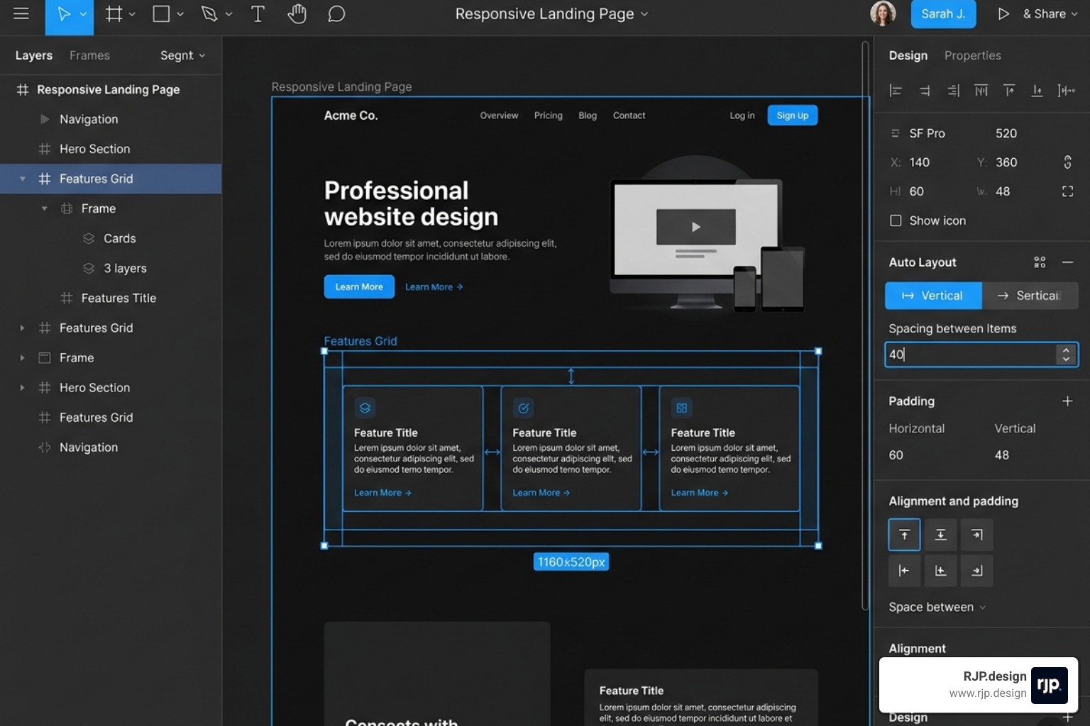 Figma Auto Layout properties panel showing direction, spacing, and alignment settings - figma responsive web design