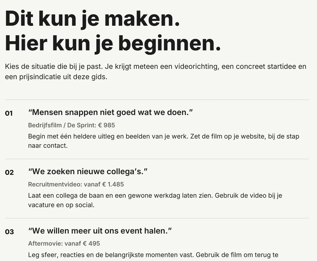 Uitsnede van pagina 2 van de gids: vier situaties met videorichting en prijsindicatie