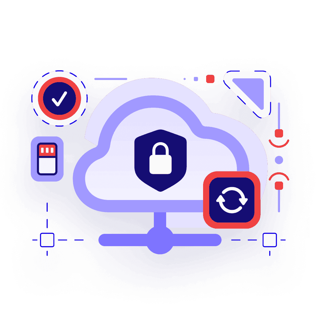 Illustration showing connected cloud with a few icon compositions representing Cybersecurity at 24hourtek.