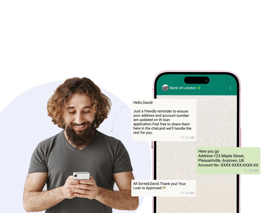 Digital illustration showing a man with curly hair smiling at his smartphone, with a WhatsApp chat from "Bank of London" informing him about loan approval and requesting address and account details